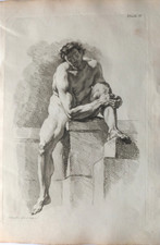 ACADEMIC MALE NUDE, SEATED.  18thC ETCHING by CHARLES COCHIN THE  YOUNGER