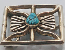 Vtg., Sterling Silver  & Turquoise Sand Cast Navajo Belt Buckle 31 Gr. 2 In. JT