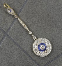 Art Deco 18ct Gold Diamond and Sapphire Halo Target Cluster Drop Pendant