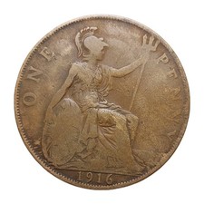 1916 UK One Penny Coin King George V Bronze WW1 Era British Collectable Z3471