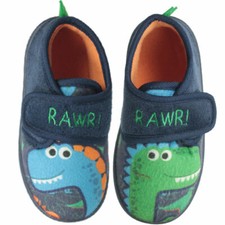 BOYS NAVY 3D DINOSAUR TOUCH FASTENING HARD SOLE SLIPPERS KIDS UK SIZE 5-10
