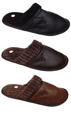 Mens Leather Look Casual Slipper Mules Soft Warm Textile Home Indoor Shoes