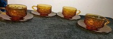 4 Vintage  Amber Glass Coffee Cups & Saucers Moulded Glass Mid Century 