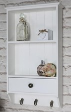 VINTAGE WOODEN SHELF UNIT WITH DRAWER & 3 KEY HOOKS WALL MOUNTED STORAGE WHITE