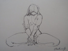 Original Pen & Ink life Drawing of a Female Nude in a Floor Seated Pose