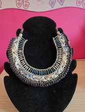 Ladies Silver Tone Blue and White Statement Necklace