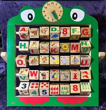 Wooden Alphabet & Number Learning Board – Frog Design, Spinning Blocks