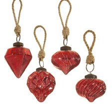 Set 4 Vintage Red Recycled Glass Baubles Antique Red Christmas Tree Decorations