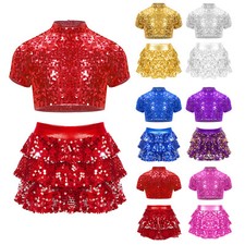 UK Girl's Crop Top With Skirt Jazz Dance Outfits Short Sleeve Dancewear Shiny