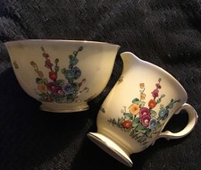 Vintage Crown Staffordshire Hollyhock creamer/milk jug And Large Sugar Bowl 1930