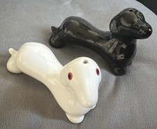 Lovely Black & White Sausage Dog Salt & Pepper Shakers (Never Used) In VGC