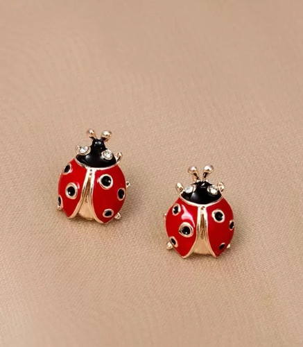 Red gold ladybug earrings - red,