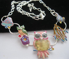 Quirky Pink Enamel OWL NECKLACE Mushroom Bird Unusual Costume Jewellery Gift