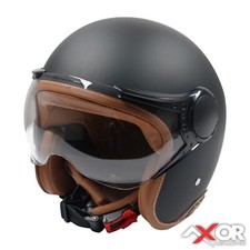 Motorcycle Open Face Crash Helmet Fibreglass Jet Matt Black Classic Brown Liner