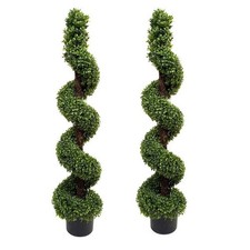 GreenBrokers 2 x Artificial Boxwood Spiral Trees 120cm 4ft with Black Pots
