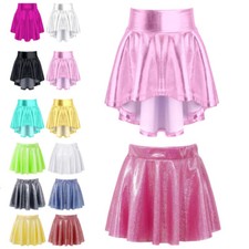 UK Girl Shiny Metallic Pleated Skirt High Waist Irregular Hem Modern Dance Skirt
