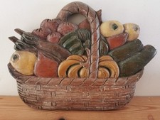 Wooden Carved Large Vegetable Bowl Wall Hanging Plaque 25 x 18.5 cm, vintage