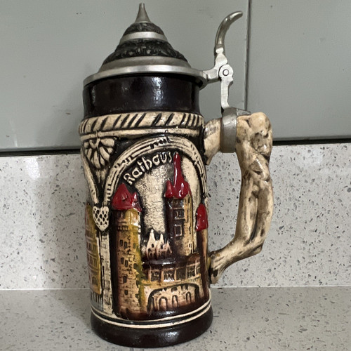 Ceramic beer stein with hinged - beer,