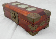 OLD CHINESE JADE INLAID WOOD AND BRASS JEWELRY LIDDED BOX