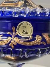 NG / GN? Blue Murano Glass 18K Gold Plated Hand Painted Italian Compote Bowl