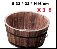 SET OF 3  12" Round Burnt Wood Half Whiskey Barrel Wooden Planters 