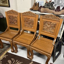 Set of 3 Vintage Very Chunky Carved Wooden Chinese Oriental Dining Chairs VGC