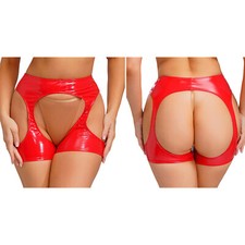 Womens PVC Wet Look Patent Leather Hot Pants Hollow Out Shorts /Bra Clubwear