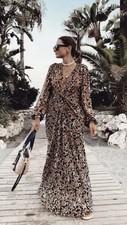 New Zara Bloggers black gold floral Fave Trinny Printed front knot Maxi Dress M 