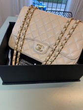 Chanel Classic Single Flap Bag Beige Caviar Leather Gold Hardware