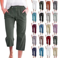 LADIES ELASTICATED WAIST THREE QUARTER 3/4 CAPRI CROPPED WOMENS LINEN TROUSERS