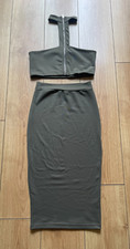 Women's Oh Polly Khaki Green Co-Ord Bodycon Skirt And Choker Neck Top Size 8 10