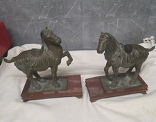 Antique Chinese Tang Dynasty Style Bronze Horses Wood base.  Signed on baseplate