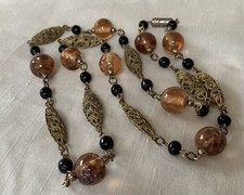 Vintage Czech Glass Bead And Long Filigree Bead Necklace 65 cm