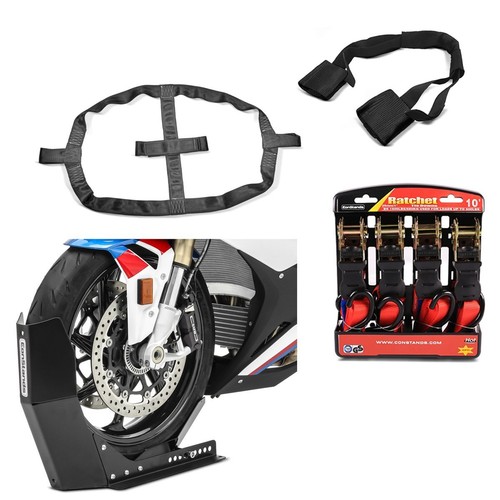 Wheel chock ratchet and - +, tie