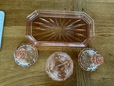 Art Deco Style - Beautiful Pink Glass Crystal 4 Piece Dressing Table Set VGC