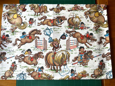 Vintage THELWELL Fabric Remnant 31" x 21" Horses Pony Club Riding Fences