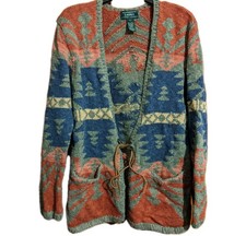 Ralph Lauren Linen Cotton Hand knit Aztec Southwestern Tribal Navajo Cardigan L