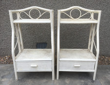 PAIR OF VINT. WICKER/RATTAN SHELF&DRAWER UNITS PAINTED WHITE H.93cm