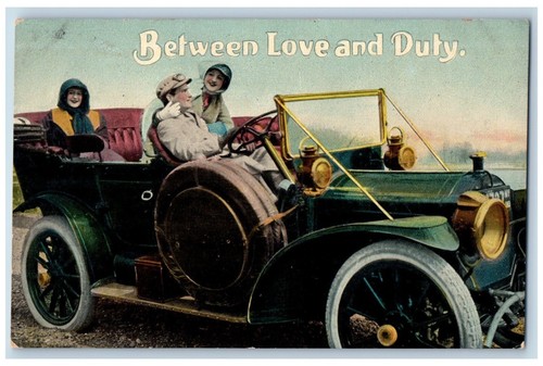 Car romance postcard couple - car,