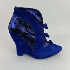 Poetic Licence Blue Suede Ankle Zip Up Bow Wedge Heels Dress Boots US8 EU39 UK6