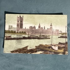 Vintage Postcard Houses Of Parliament London - Thames Shows Boats Docked 1906 H1
