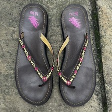 Fat Face Brown Embroidered leather Flip Flops Pink Yellow Size 6