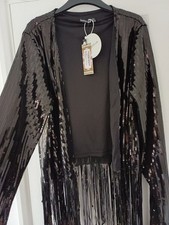 BNWT stunning sz 16 Boohoo black sequin fringe jacket tassle evening party £45