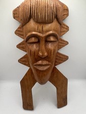 Vtg Hand Carved Wooden Tribal Mask Wall Art Abstract Face Sculpture Boho Global