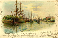1900 postcard Sailing vessels and steam ships in an unidentified port