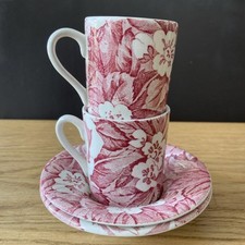 2 X Burleigh Victorian Pink Chintz Cups and Saucers Small Demi Tasse England