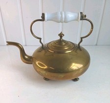 Large Ornamental Vintage Brass Kettle With White Ceramic Handle  CS