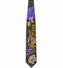 LEONARD PARIS Silk tie Deco design with white-purple flowers & gold letters-EUC