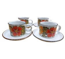 Midwinter Nasturtium Stonehenge Ware Set Of 4 Cups And Saucers 1970's Vintage