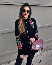 ZARA Bloggers Black Floral Embroidered Military Coat Wool Blend Size XS BNWT